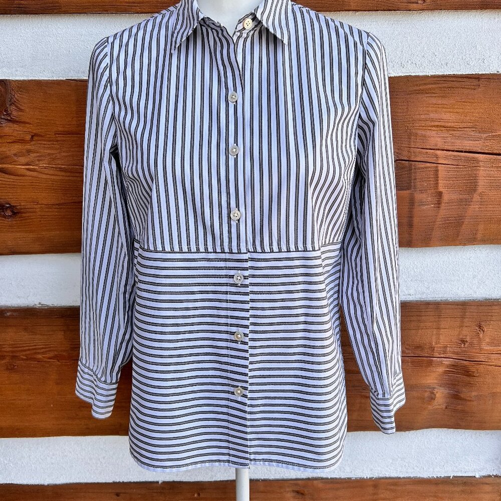 J. Jill Long-Sleeved, Striped, Button Shirt White Gray Beige. Stretch, Petite XS